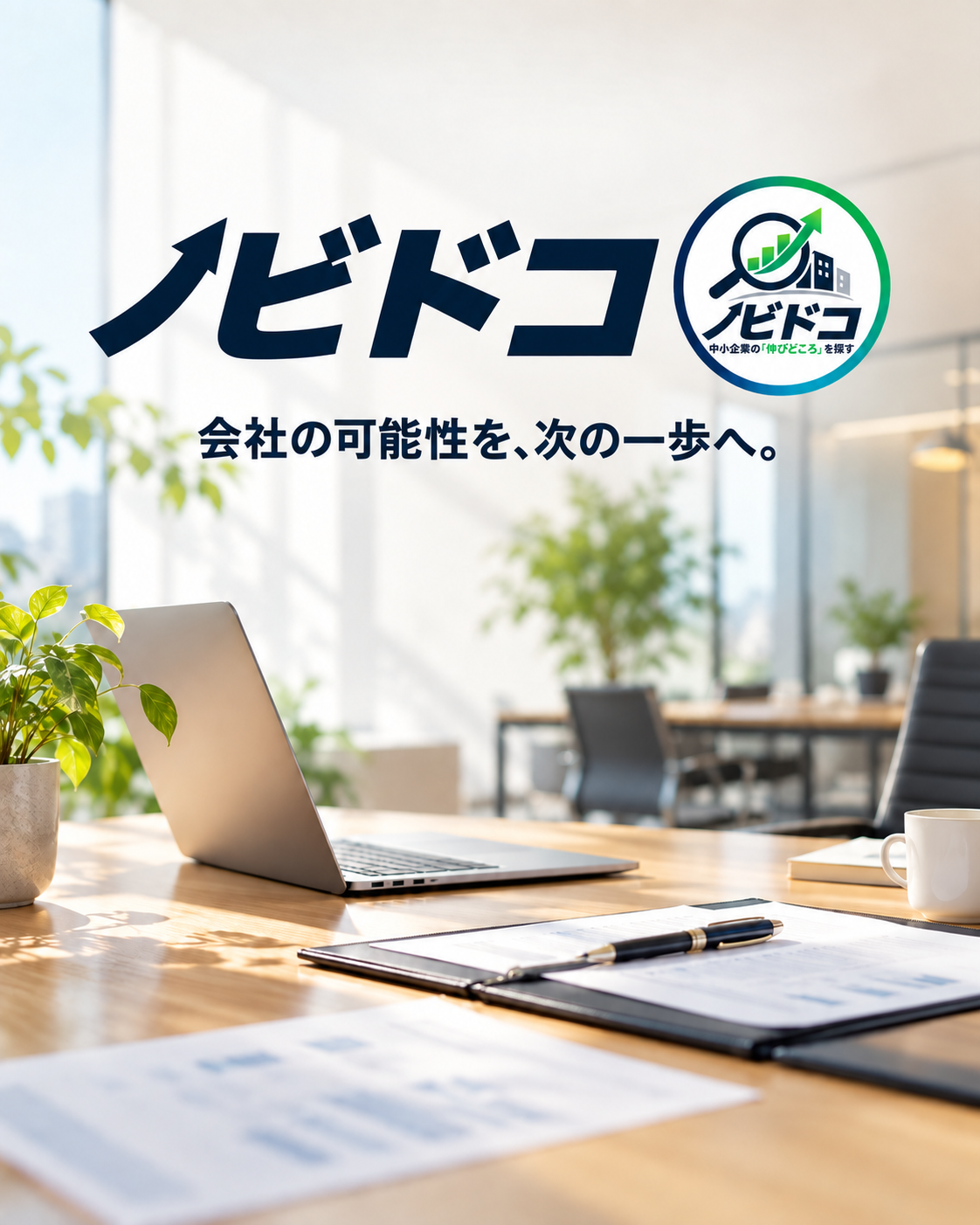 ノビドコ。会社の可能性を、次の一歩へ。明るいオフィスのイメージ